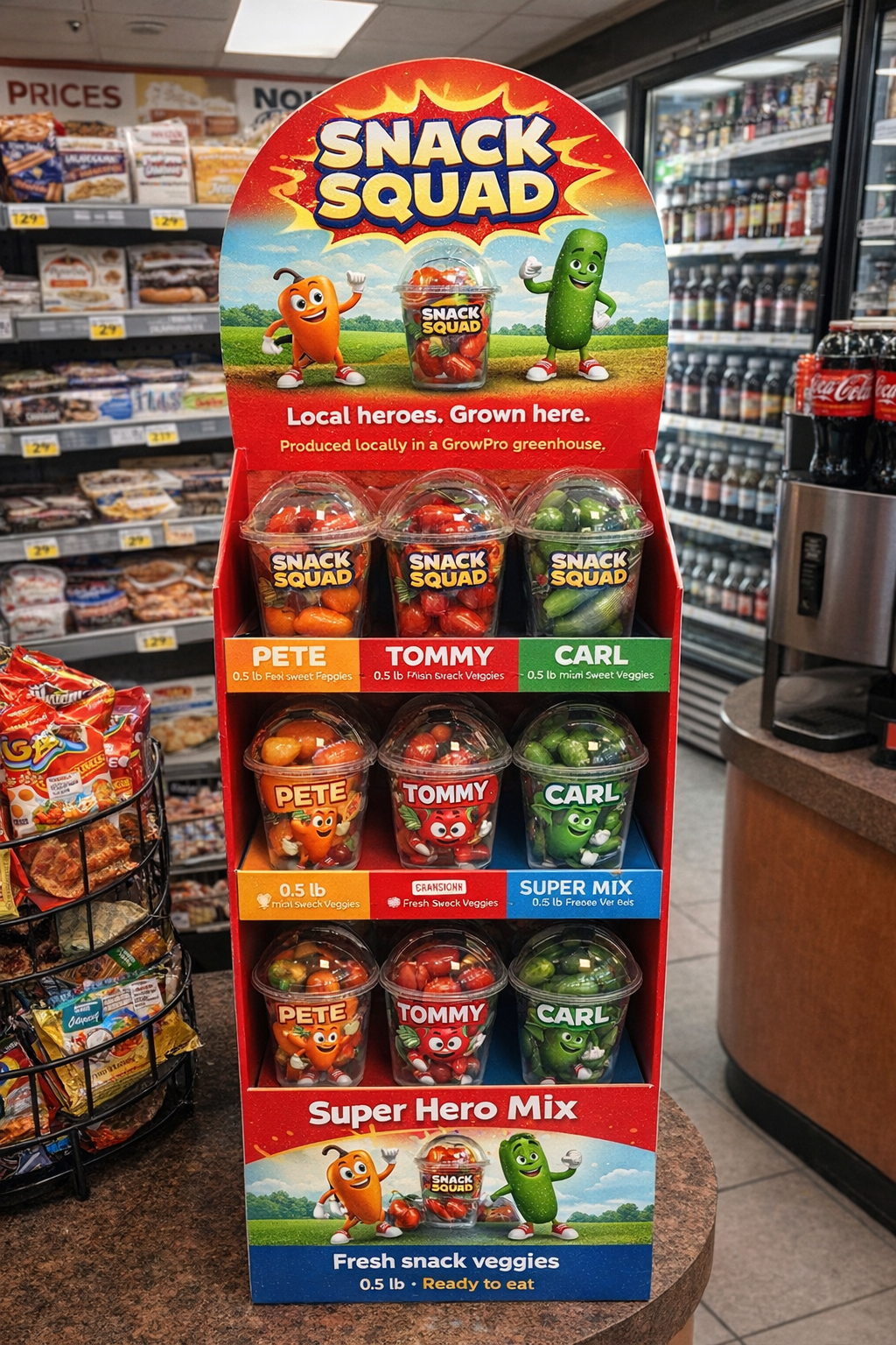 Snack Squad countertop display unit in a convenience store
