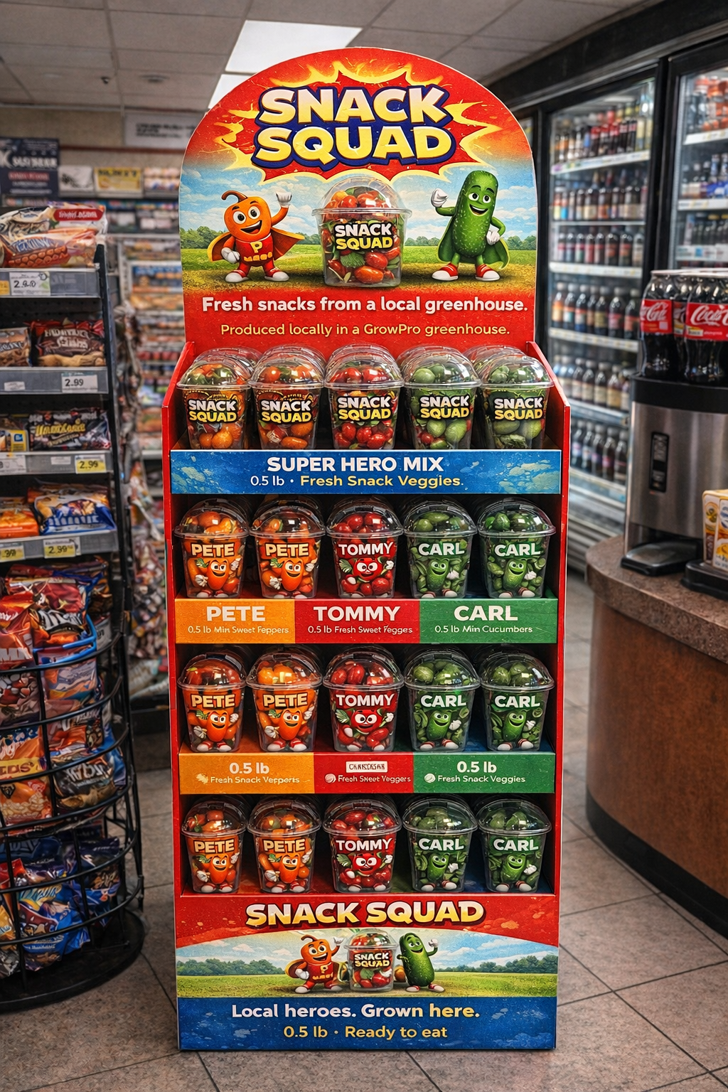 Full-size Snack Squad floor display unit in a convenience store